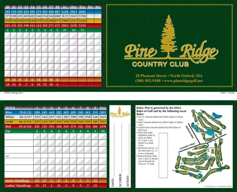 Pine Ridge Country Club Scorecard MA