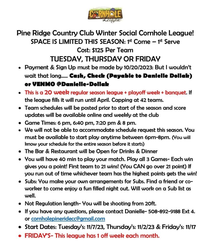 2023 Winter Cornhole Leagues at Pine Ridge Country Club