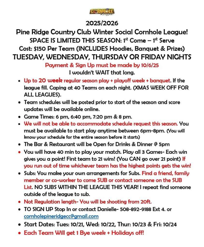 UPDATED Indoor Cornhole League Info for Pine Ridge Country Club