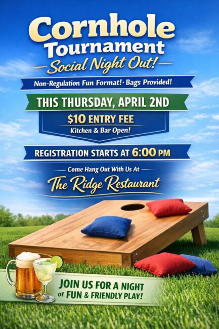 Cornhole Tournament, Social Night Out at Pine Ridge Country Club, April 2nd