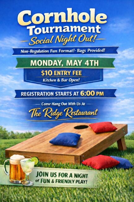 Social Night Out at Pine Ridge Country Club Cornhole Tournament May 4th
