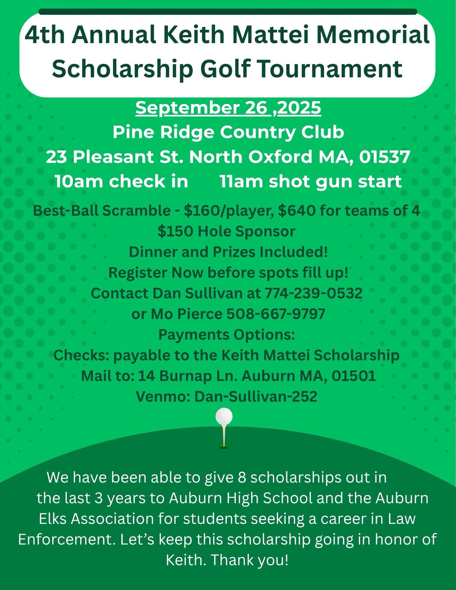 4th Annual Keith Mattei Memorial Scholarship Golf Tournament, Saturday, September 26, 2026
