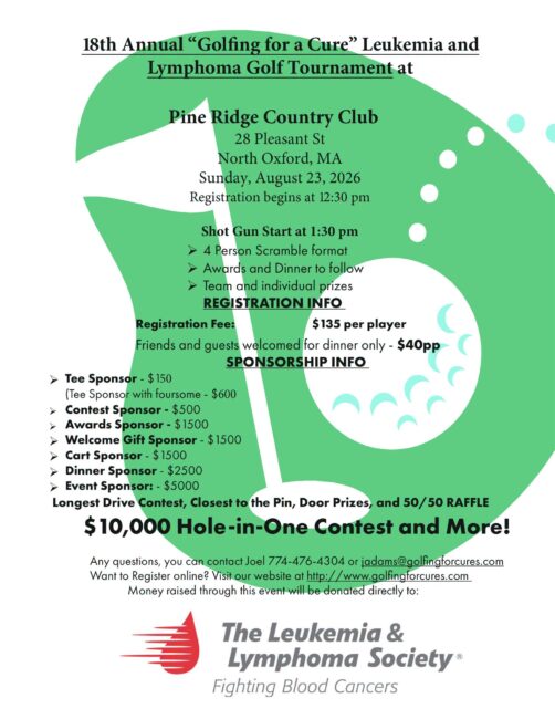 18th Annual "Golfing for a Cure" Leukemia and Lymphoma Golf Tournament, Sunday, August 23, 2026