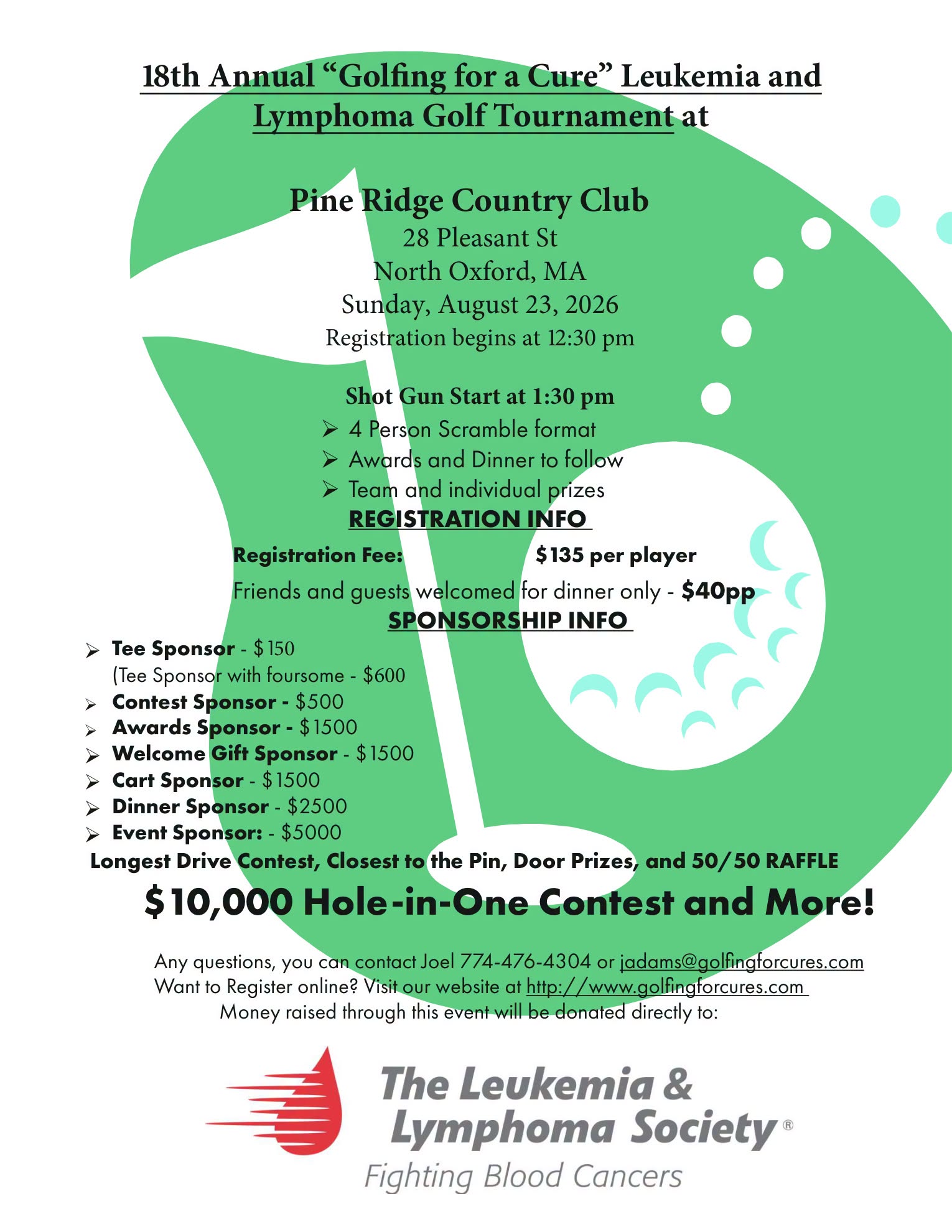 18th Annual "Golfing for a Cure" Leukemia and Lymphoma Golf Tournament, Sunday, August 23, 2026